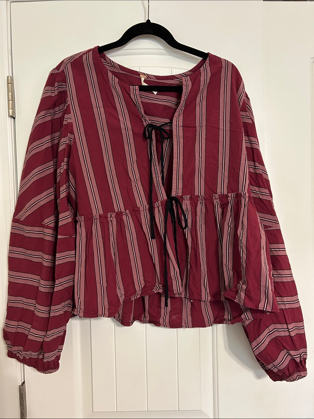 Free People Burgundy Striped Tie-Front Peasant Blouse